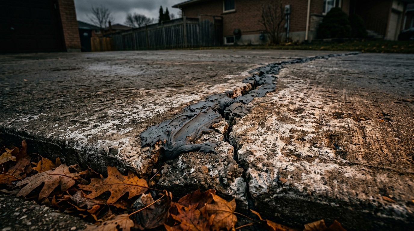 Failed DIY concrete crack repair on a Toronto driveway showing spalling and separation